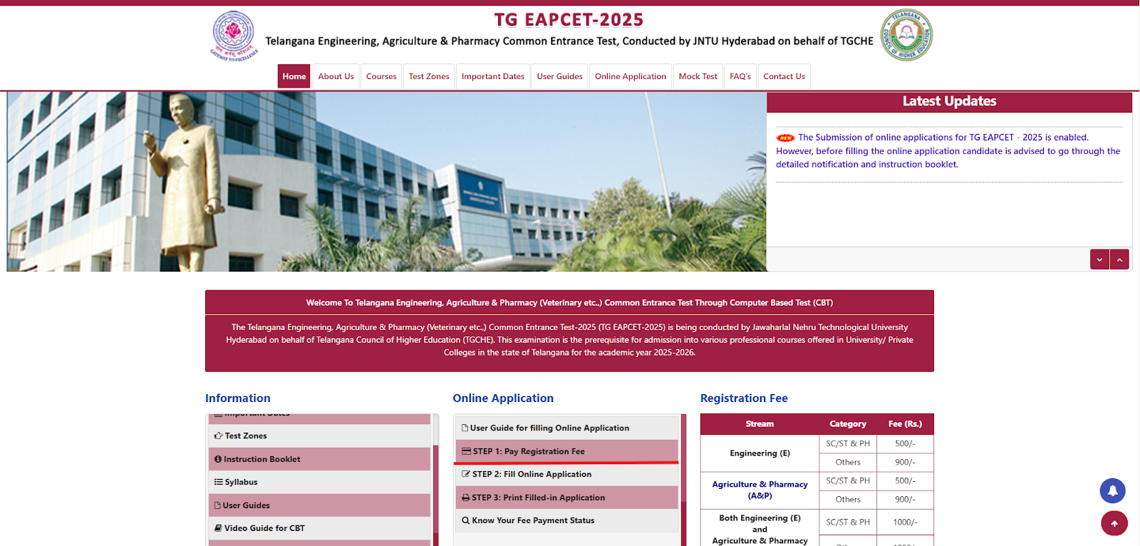 Official portal for paying TG EAPCET 2025 registration fee.