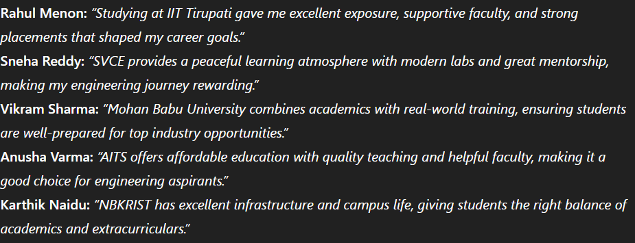 Student reviews for best engineering colleges in Tirupati