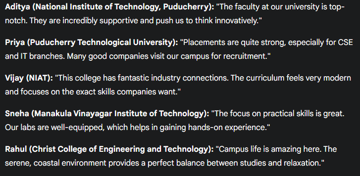 student reviews for the top 10 engineering colleges in pondicherry