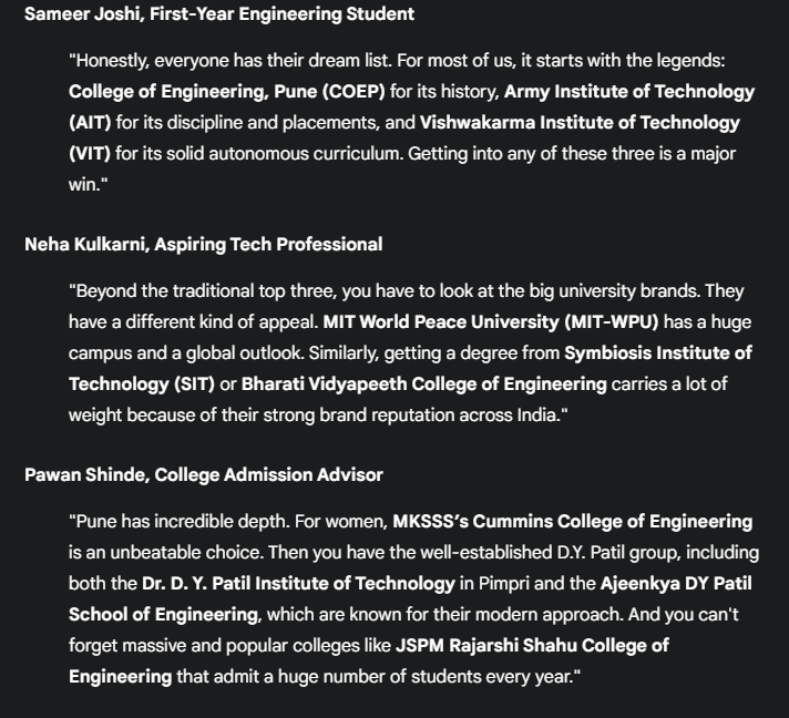 Student reviews for top 10 engineering colleges in pune